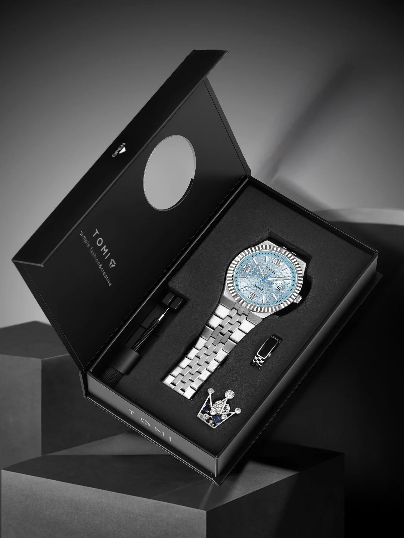 Luxury Men's Watch Steel Band, Calendar, Multi-function Quartz Watch, Ring, Cufflink Gift Box Set.