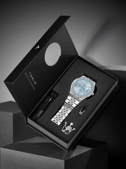Luxury Men's Watch Steel Band, Calendar, Multi-function Quartz Watch, Ring, Cufflink Gift Box Set.