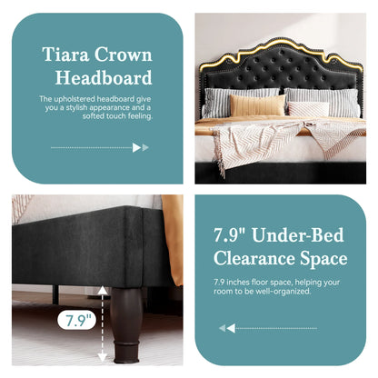 Bed Frame with Adjustable Velvet Tiara Headboard, Upholstered Diamond Button.