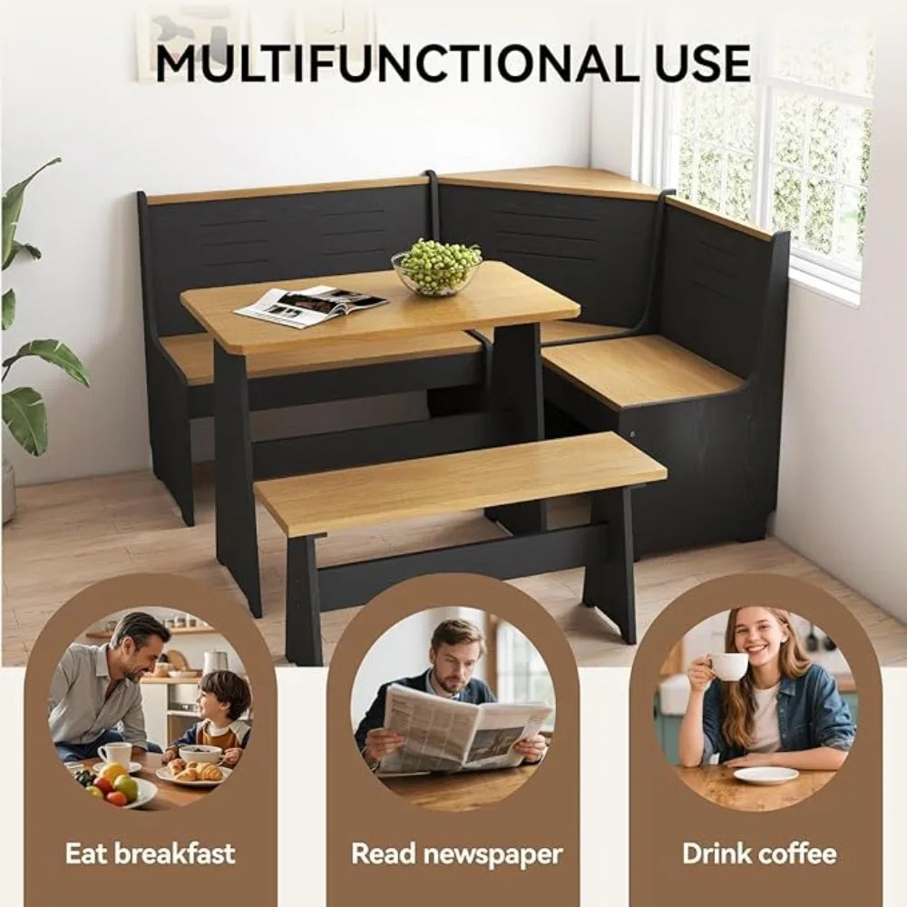 Breakfast Nook Corner Dining Table, Kitchen Bench Chair Set, Reversible L-Shape