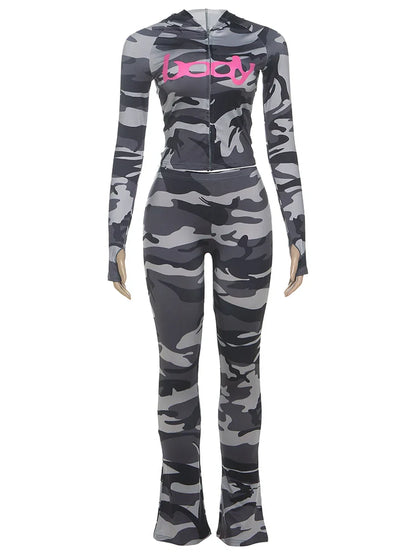 Letter Print 2 Piece Set, Women Zip Cardigan Hooded Crop Jacket Skinny Leggings, Wild Sporty Style Outfits,