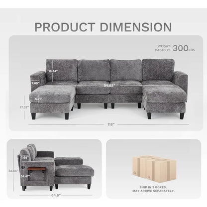 118" U-Shaped Sectional Couch, 4-Seat Modular Sofa with 2 Ottomans ,Foldable Side Table, Grey for Living Room