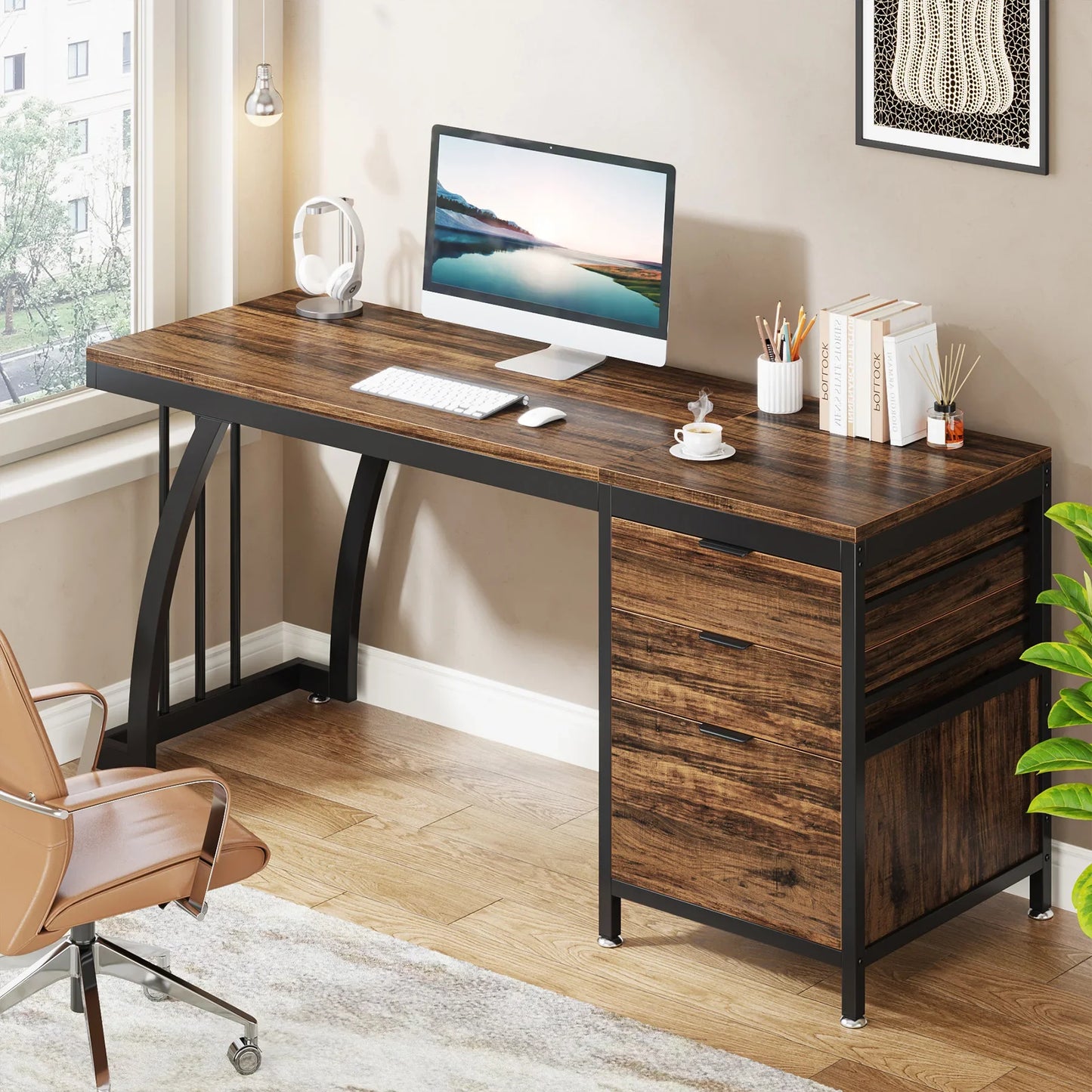 Computer Desk with 3 Drawers, 59-Inch PC Desk with Reversible Drawers, Industrial Study Table Workstation.