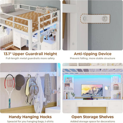 Full Metal Loft Bed with Desk, 8 Drawers Storage, Charging Station & LED Lights, Space-Saving.