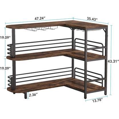 L-Shaped Home Bar Unit, 3 Tier Liquor Bar Table with Storage and Wine Glasses Holder