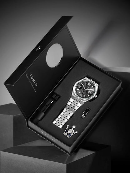 Luxury Men's Watch Steel Band, Calendar, Multi-function Quartz Watch, Ring, Cufflink Gift Box Set.