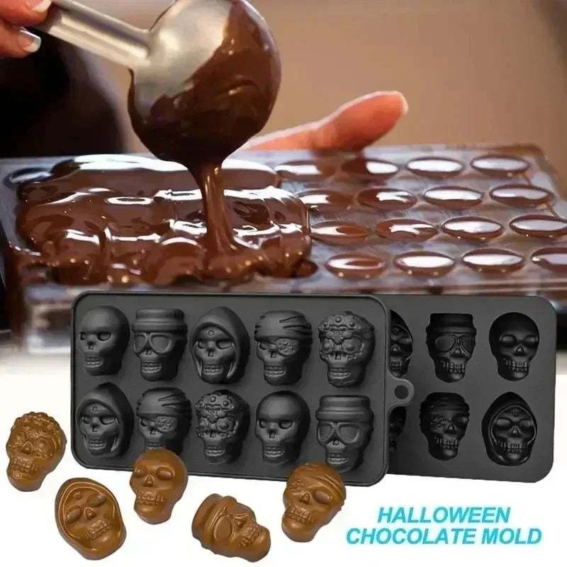 10 Grid Skull Ice Cube Mold for Halloween, Kitchen Baking Tools Reusable, Silicone Mold for Chocolate Candy, Ice Cream Mold.