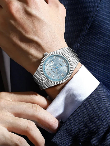 Luxury Men's Watch Steel Band, Calendar, Multi-function Quartz Watch, Ring, Cufflink Gift Box Set.