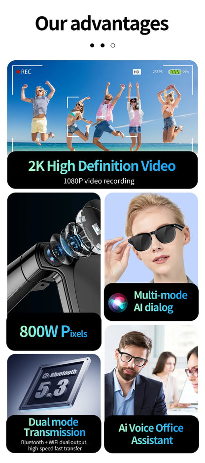 2 in1 4K Smart AI Glasses, 800W pixel AI Shooting Camera, HD Photo Video, Voice Call Translation ,Waterproof Bluetooth AI Glasses.