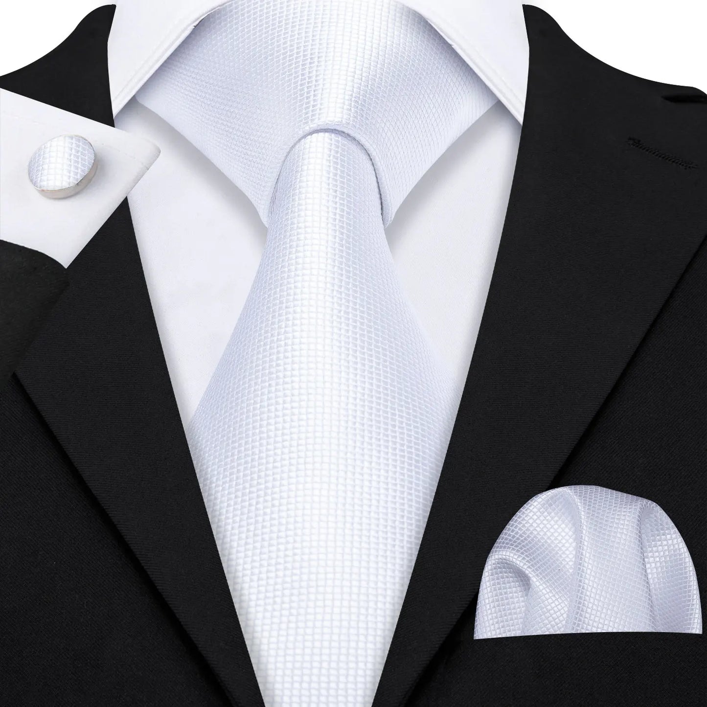Black White Gray Silver Men Tie Handkerchief Cufflinks Set.