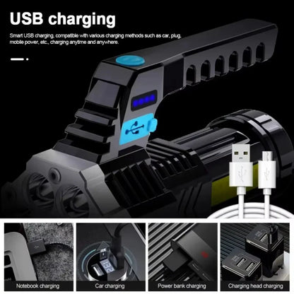 7LED High-Power Flashlight With USB Charging, COB Side Light - Suitable For Fishing, Camping, Hiking.