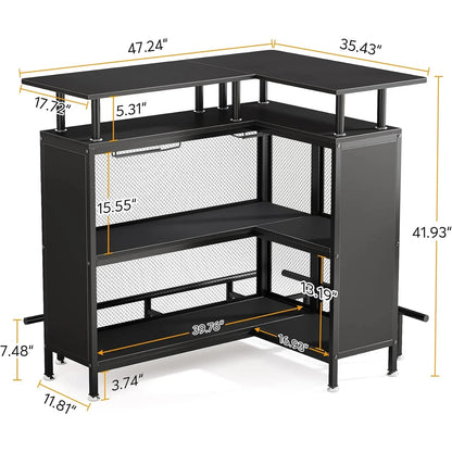 L-Shaped Bar Table with Stemware Racks and 2-Tier Shelves with footrest