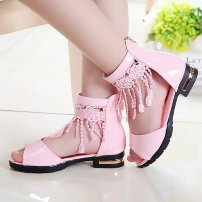 3 5 9 10 12 Year Kids Bow Sandals, Cute Princess Fashion High Heels Tassel School Shoes.