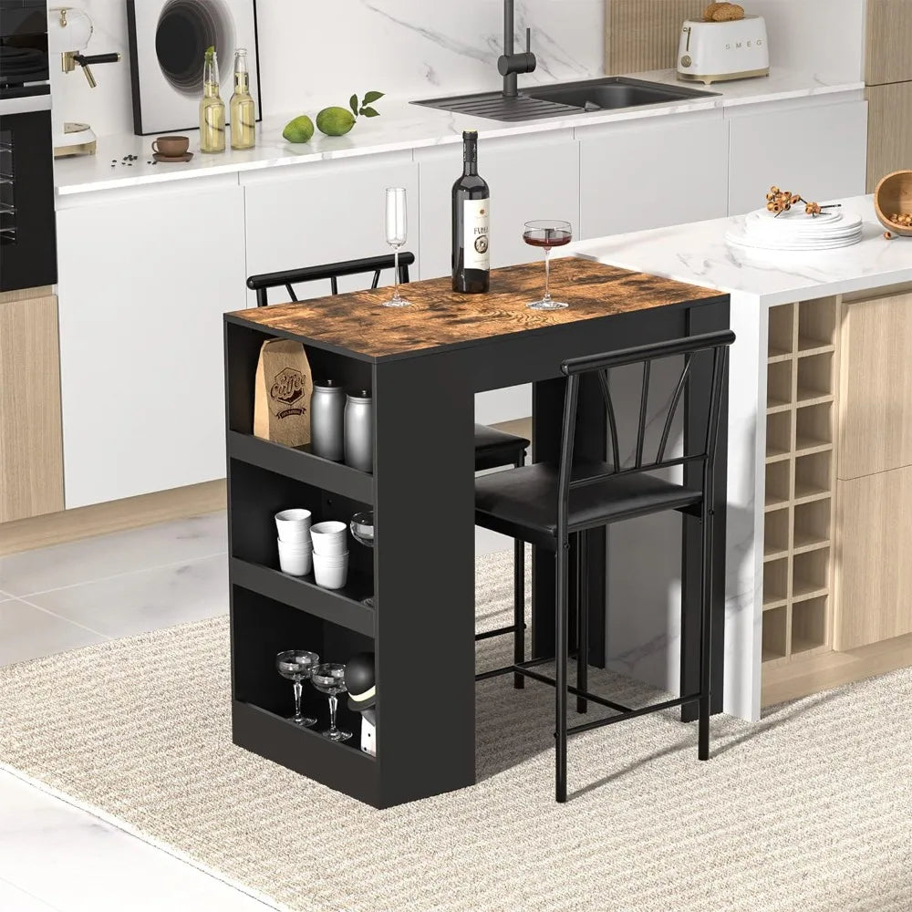 Compact Bar Table and Chairs Set for 2, with Storage Shelves, Space-Saving, Black.