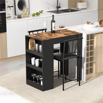 Compact Bar Table and Chairs Set for 2, with Storage Shelves, Space-Saving, Black.