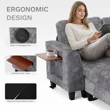 118" U-Shaped Sectional Couch, 4-Seat Modular Sofa with 2 Ottomans ,Foldable Side Table, Grey for Living Room