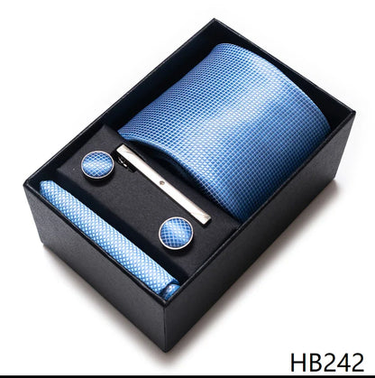 8 cm Wide Tie Sets Blue Solid Men's Neck Tie Handkerchief Cufflinks Clip Gift Silk Handmade