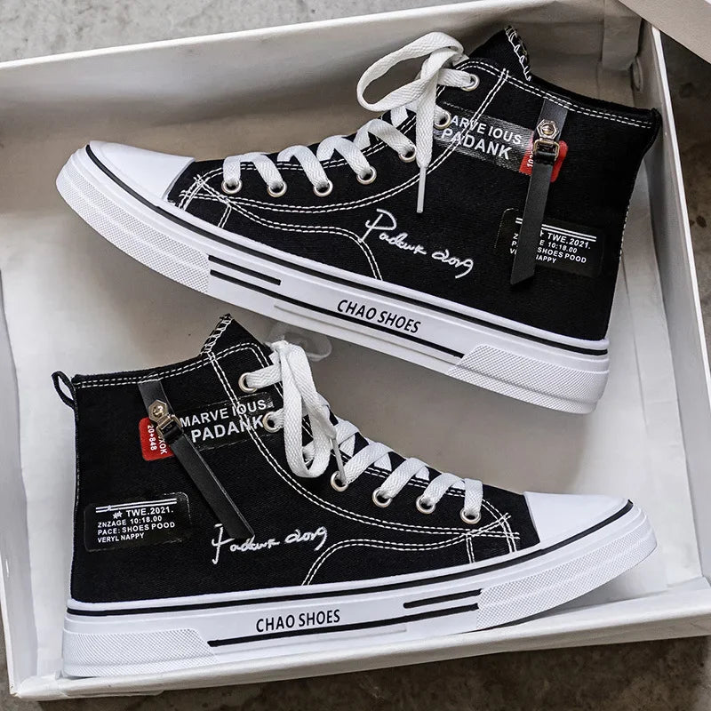 Casual Canvas Shoes for Men, High Top Black Fashionable Spring, Summer, Autumn, Winter Youth Leisure Shoes.