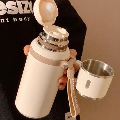 600ML Stainless Steel Insulated Bottle, with Cup Lid Rope Handle, Office, Home ,Portable Thermos Cup.