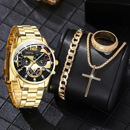4PCS Men's Watch Set Quartz, Cross Pendant Necklace, Ring, Bracelet Set Perfect Gift for Him!!