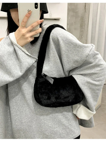 Simple Design Women's Soft Plush Hobo Shoulder Bag | Winter Furry Ladies Clutch Purse & Handbag (Fashion Female Underarm Bag)