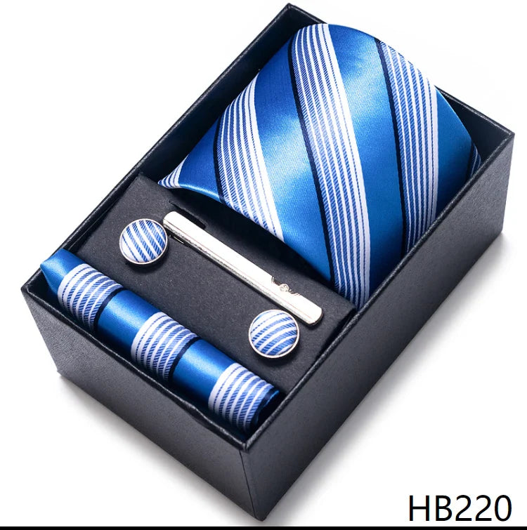 8 cm Wide Tie Sets Blue Solid Men's Neck Tie Handkerchief Cufflinks Clip Gift Silk Handmade