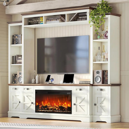 98in Farmhouse Entertainment Center with 36" Fireplace, TV Stand, Bookshelf, Wine Cabinet, Fits 75" TVs, Wall Unit Media Console.