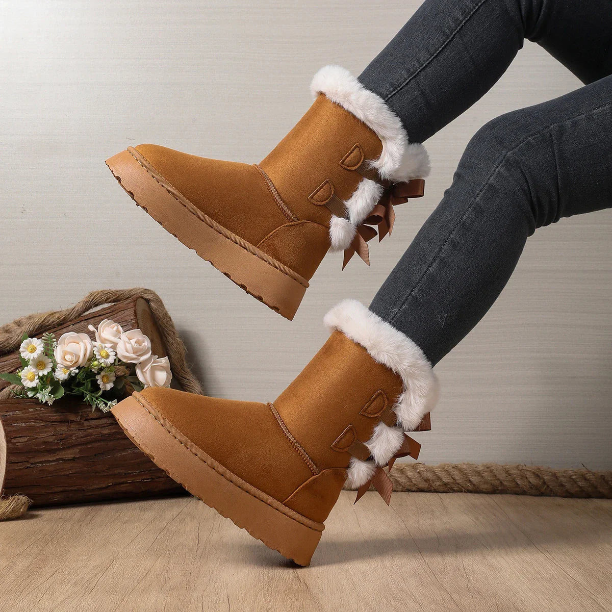 Bow Round Toe Elegant  Flat Wear-resistant Warm Women's Shoes