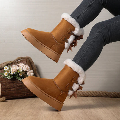 Bow Round Toe Elegant  Flat Wear-resistant Warm Women's Shoes
