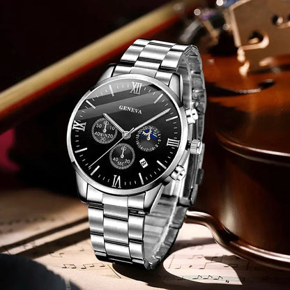 4PCS Men's Watch Set Quartz, Cross Pendant Necklace, Ring, Bracelet Set Perfect Gift for Him!!
