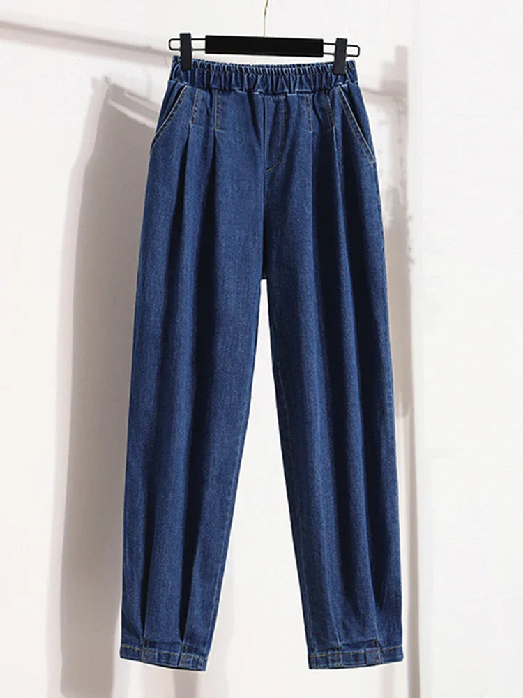 New 2024 Autumn Plus Size Jeans For Women High Elastic Waist Loose Blue Black Color.