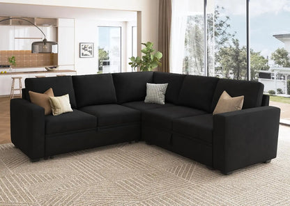 Velvet Sleeper Sectional with Storage, L-Shaped Pull Out Bed Black, Modular Design.