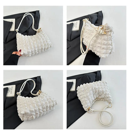 Canvas Wrinkle Bag for Women | Shoulder Bags & Pleated Bubbles Handbags (Padded Casual Underarm Quilted Tote Cloud Bag Purse)