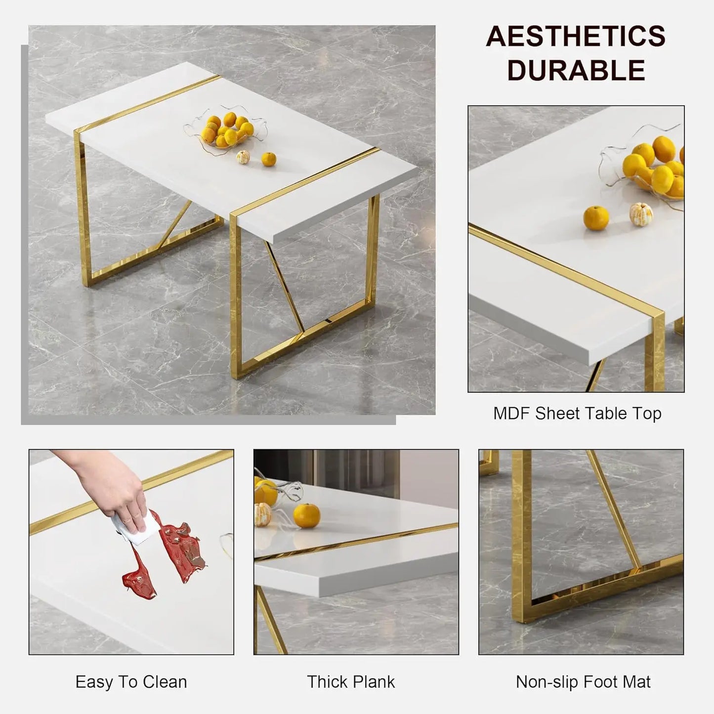 Dining Table Set for 6, Kitchen Table Chairs Set of 6, 55" White High-Gloss Lacquered Tabletop & Electroplated Metal Frame.