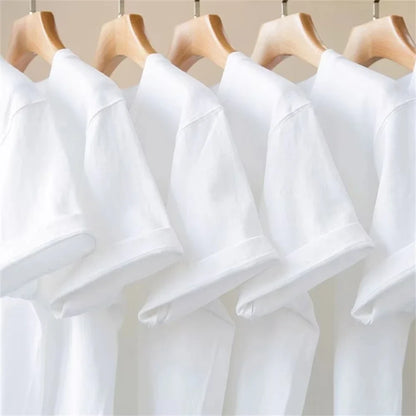 500/300g Heavy-duty White Pure Cotton T-shirt, Thickened Threaded Round Neck Short Sleeves.
