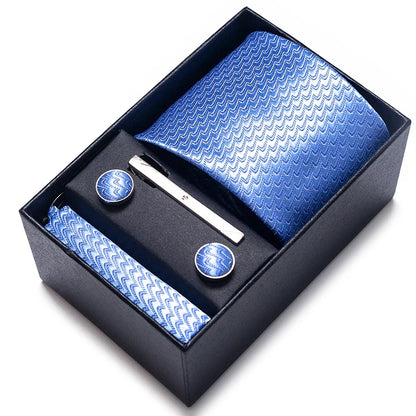 8 cm Wide Tie Sets Blue Solid Men's Neck Tie Handkerchief Cufflinks Clip Gift Silk Handmade
