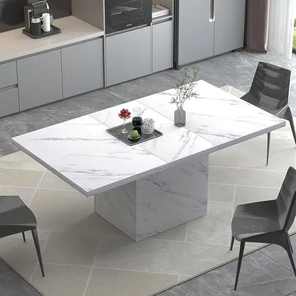 White Marble Dining Table with Heavy-Duty Pedestal, Suitable for Kitchen or Living Room