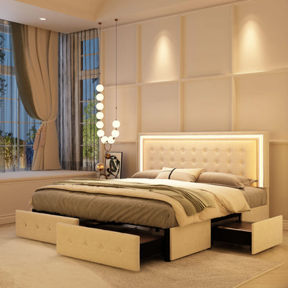 Queen LED Bed Frame 4 Storage Drawers, Headboard, No Box Spring Needed