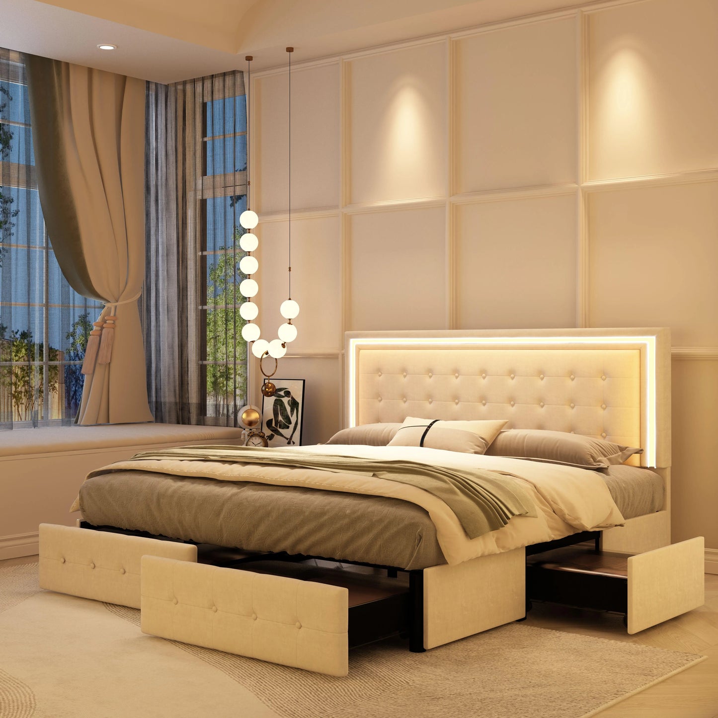 Queen LED Bed Frame, 4 Storage Drawers, Headboard, No Box Spring Needed