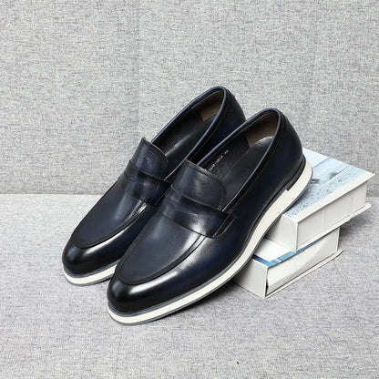 Classy Men's Genuine Cow Leather Penny Loafers | Blue & Black Casual Business Flats (Breathable)