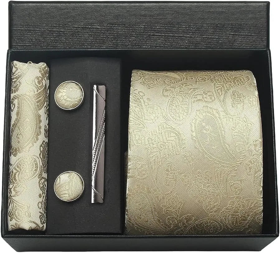 100% Silk Necktie Paisley Floral Men Business Tie, Pocket Square ,Tie Clip ,Cufflinks Set  Gift Box.