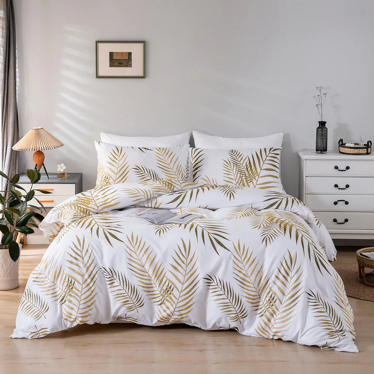 Golden Light Shining Green Leaves ,Tropical Bed Cover Set King, Queen, Double, Full Twin Single