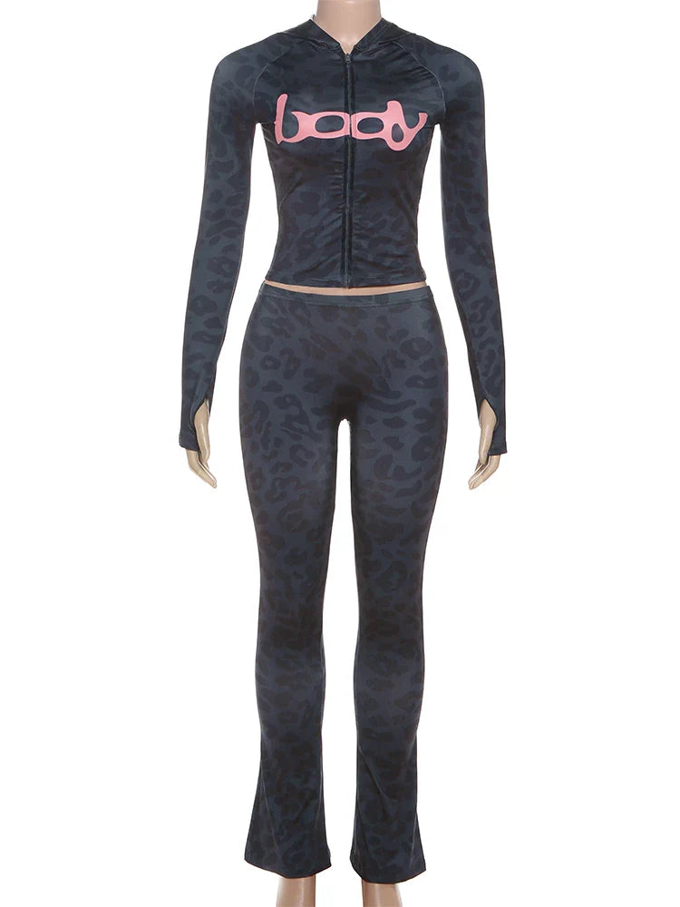 Letter Print 2 Piece Set, Women Zip Cardigan Hooded Crop Jacket Skinny Leggings, Wild Sporty Style Outfits,