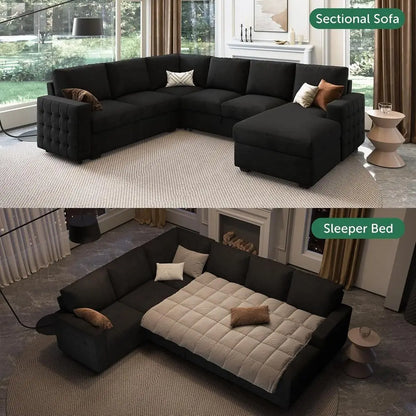 6-Seater U-Shaped Sectional Sofa with Pull-Out Bed and Storage Chaise in Velvet Black.