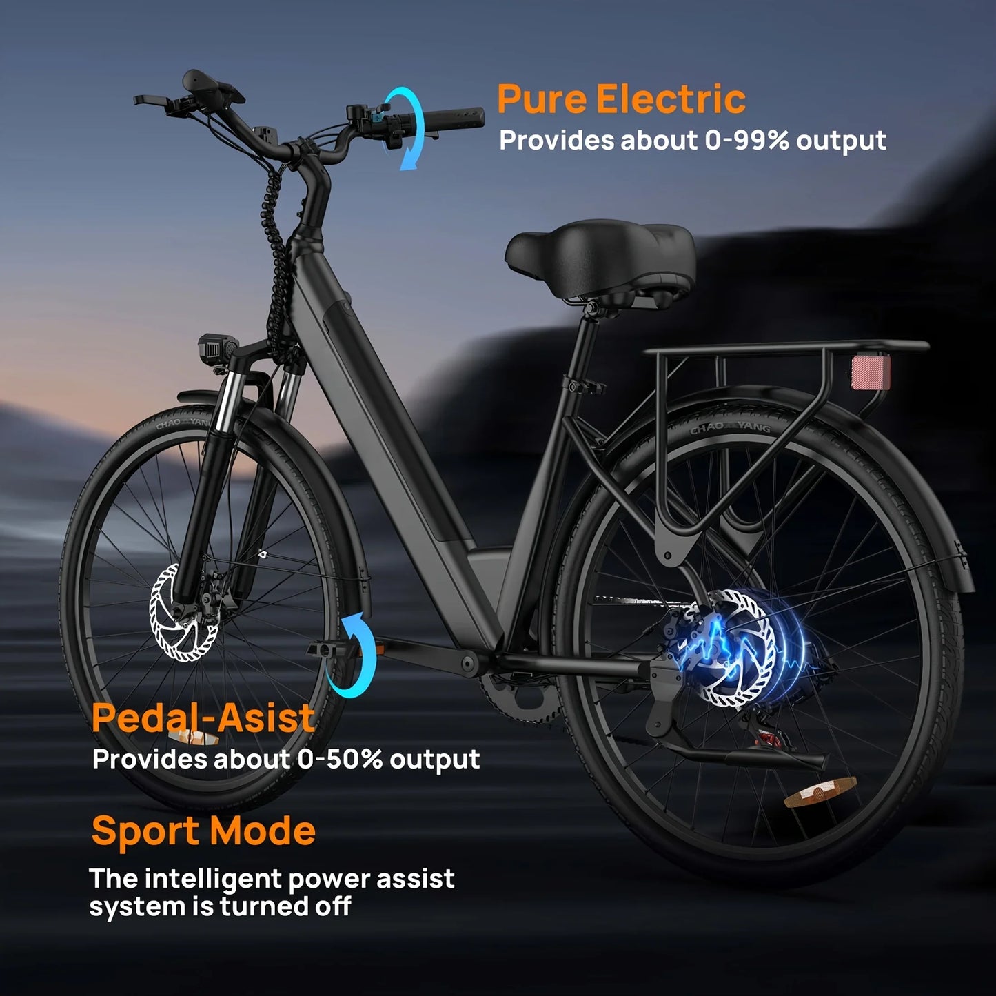 750W E26 Electric Bike 26x2" Commuter 48V 10.4Ah Removable Battery, 20MPH Speed 7-Speeds LCD Display.