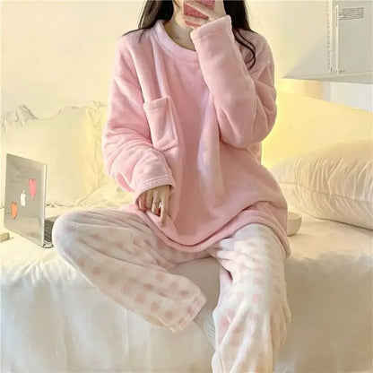 Thick Warm Women Pajamas Set, Winter Sleepwear Casual  Women Suit