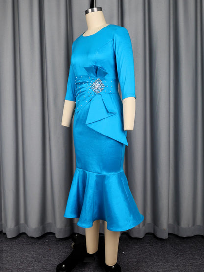 Elegant Satin Mermaid Dress for Women O Neck, Half Sleeve, Peplum Waist ,  Church Formal Events Gowns.