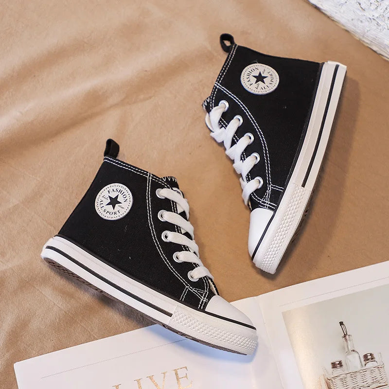 Children High-Top Canvas Shoes, Soft Bottom Comfortable Non-slip Casual Shoes, Simple Solid Color Lace-Up Canvas Shoes.