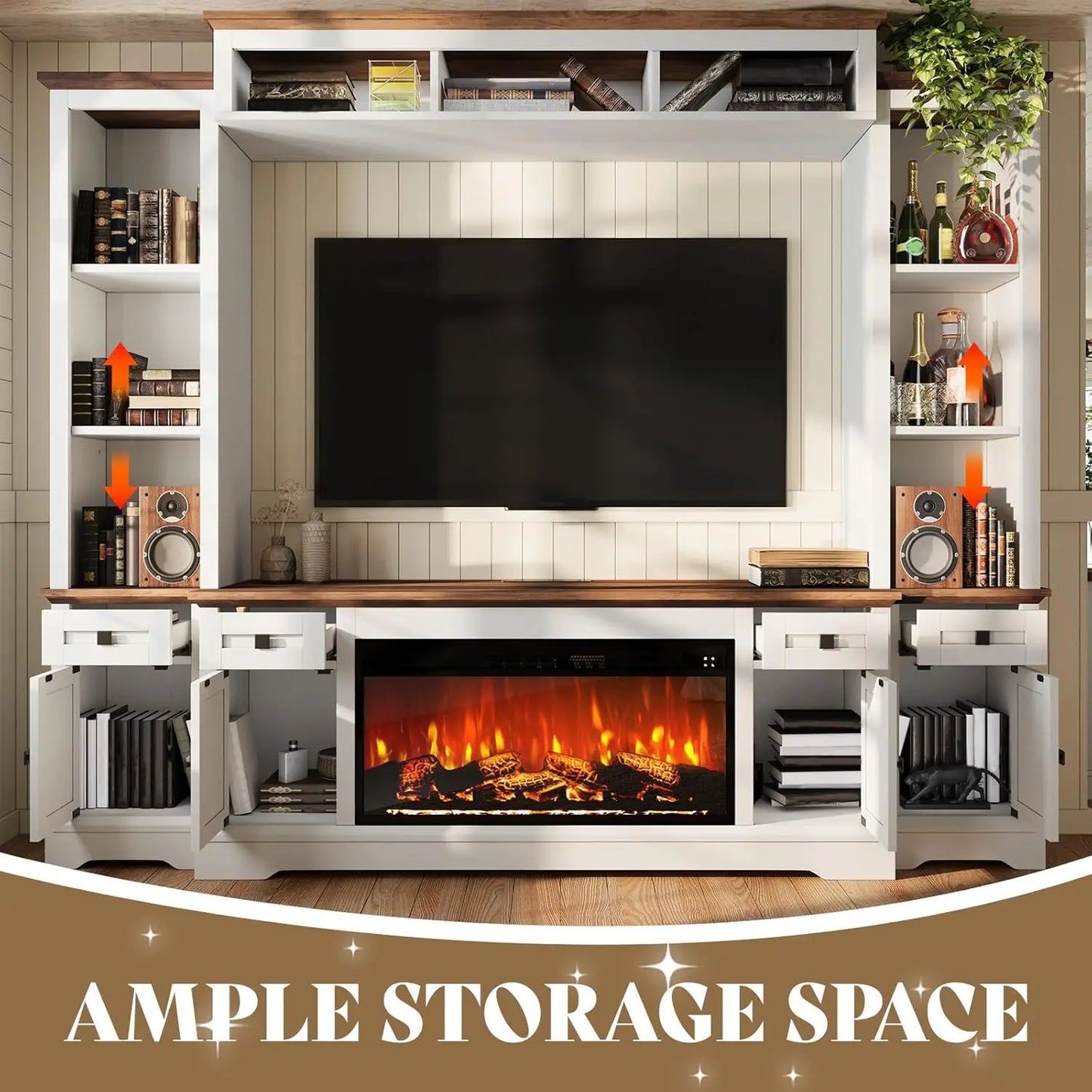 98in Farmhouse Entertainment Center with 36" Fireplace, TV Stand, Bookshelf, Wine Cabinet, Fits 75" TVs, Wall Unit Media Console.