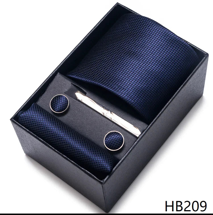 8 cm Wide Tie Sets Blue Solid Men's Neck Tie Handkerchief Cufflinks Clip Gift Silk Handmade